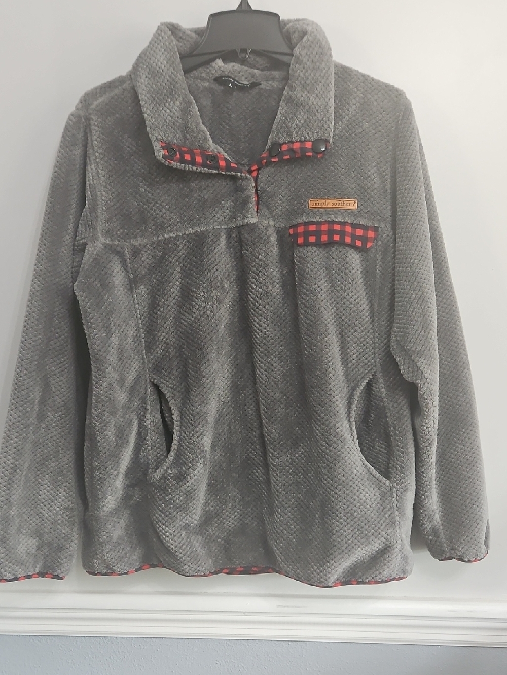Simply Southern Gray Plush Pullover with Red Buffalo Plaid Trim
